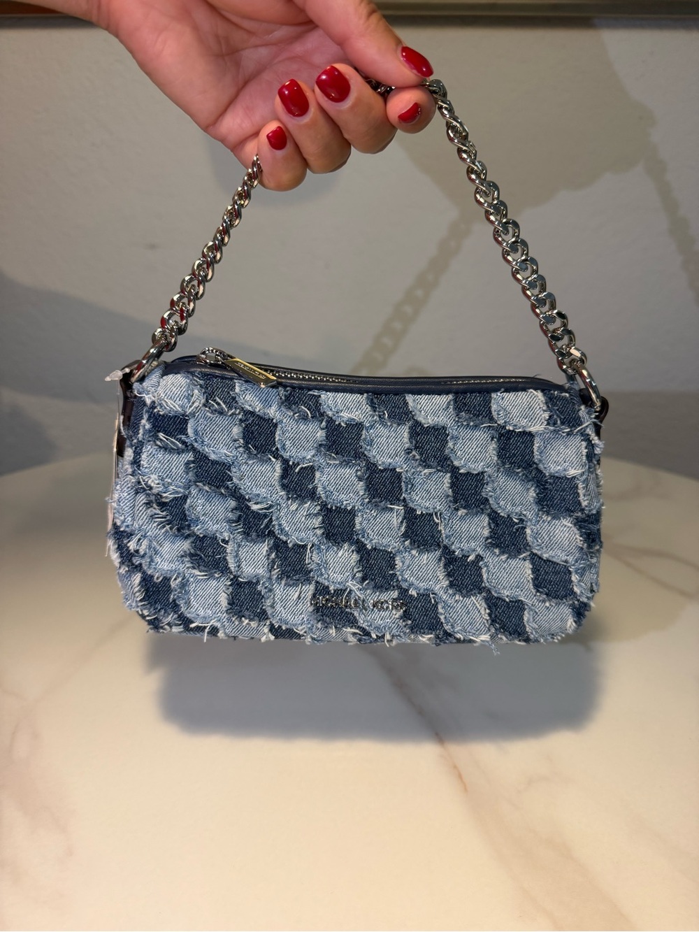 Brand New Michael Kors Blue Denim Textured Chain-Handle Shoulder Bag